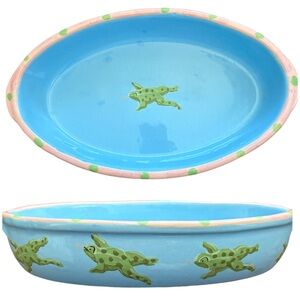 Vintage 1995 Patricia Dupont-Portugal-Blue Oval Serving Dish- Leaping Frogs